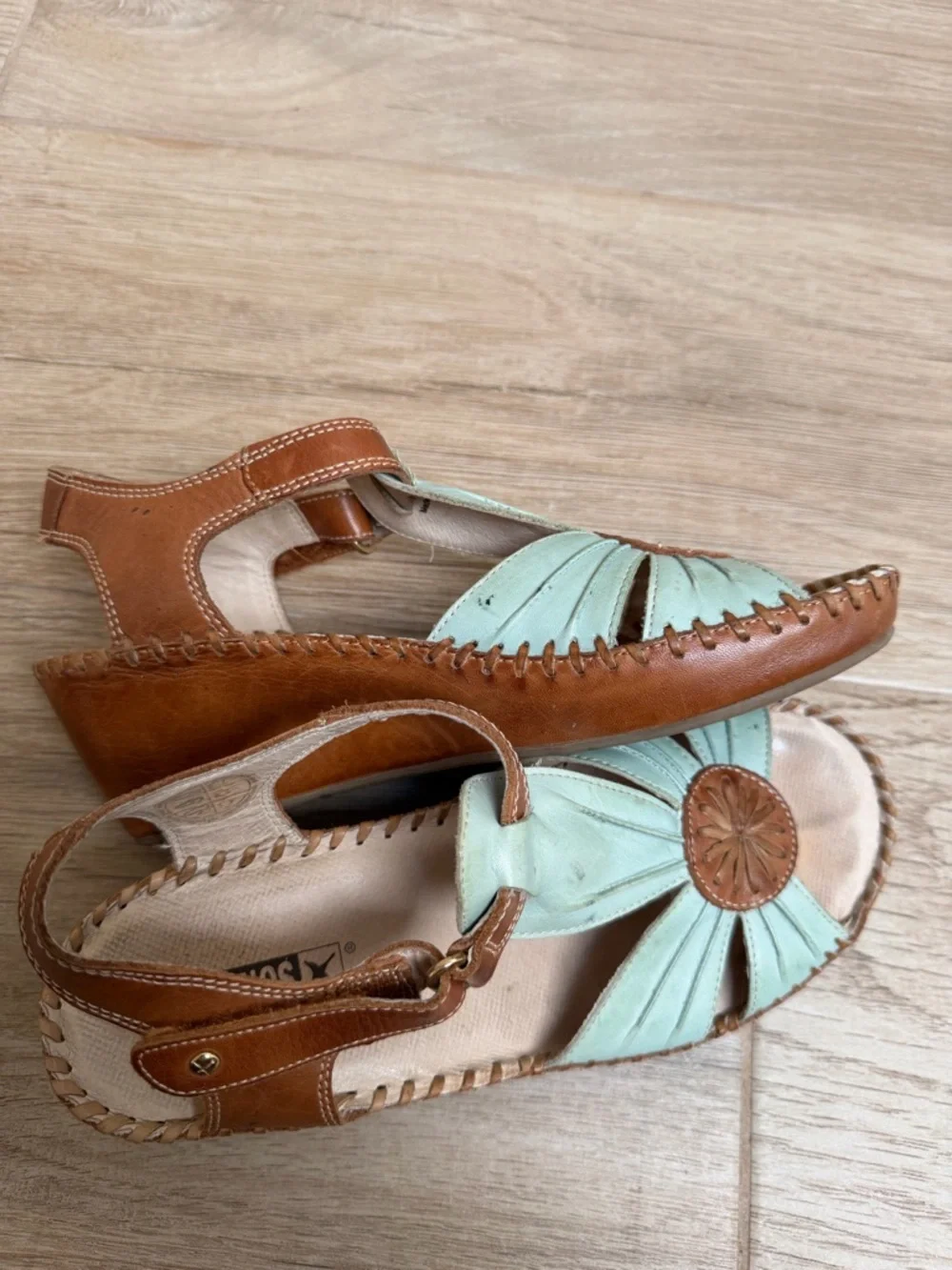 PIKOLINOS Mint and Tan Leather Wedge Sandals